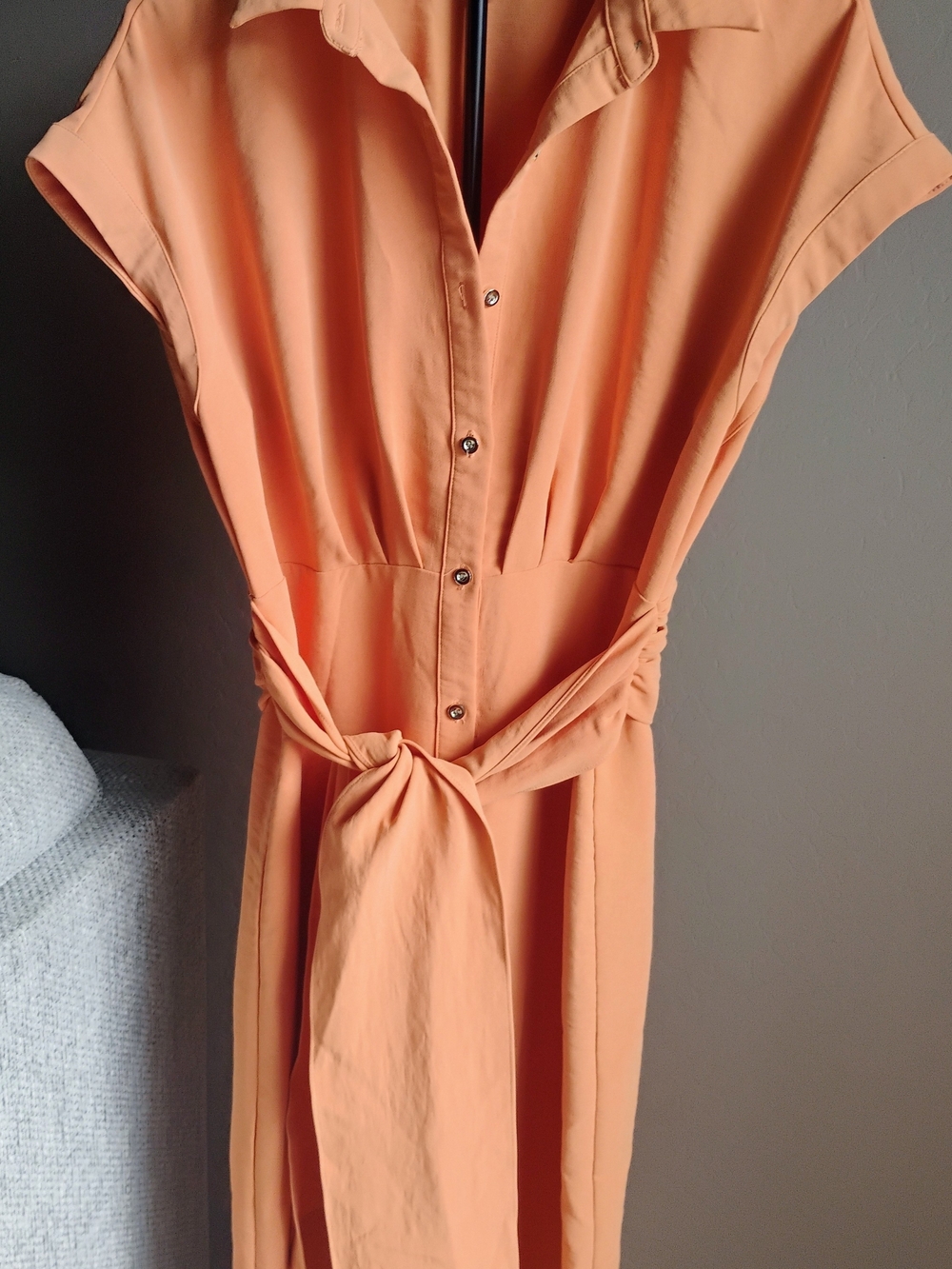 Worthington Size M Peach Button-Front Midi Dress with Tie Waist